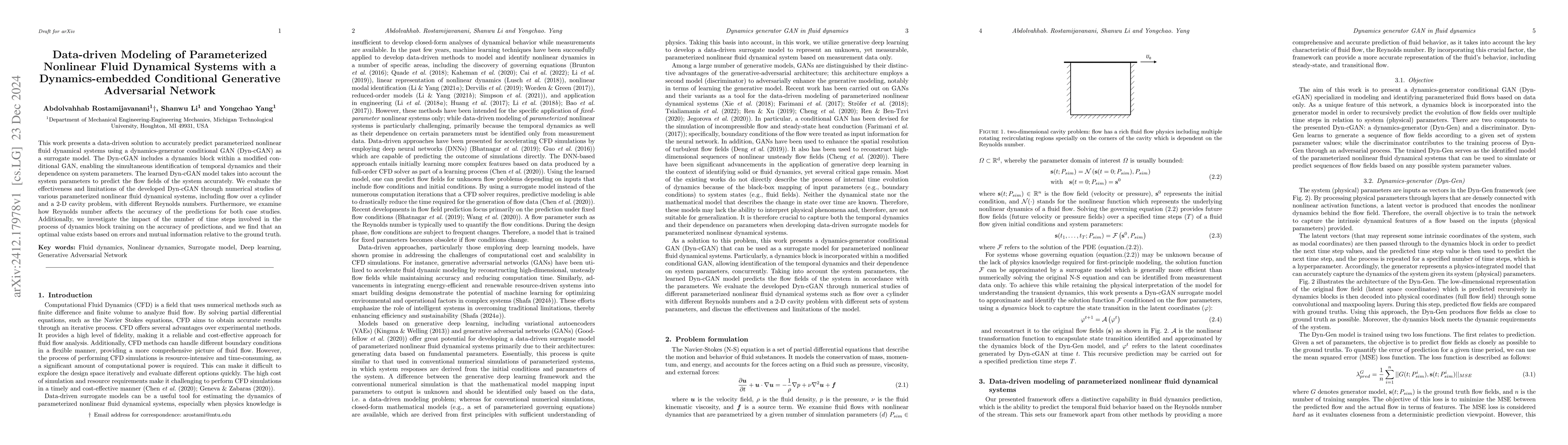 Thumbnail for Data-driven Modeling of Parameterized Nonlinear Fluid Dynamical Systems
  with a Dynamics-embedded Conditional Generative Adversarial Network