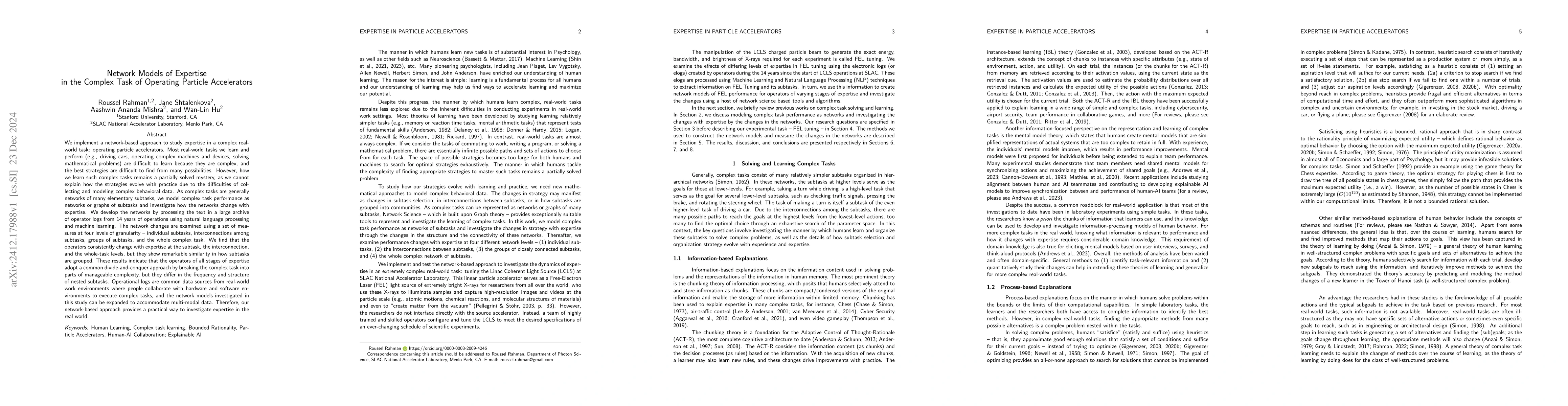 Thumbnail for Network Models of Expertise in the Complex Task of Operating Particle
  Accelerators