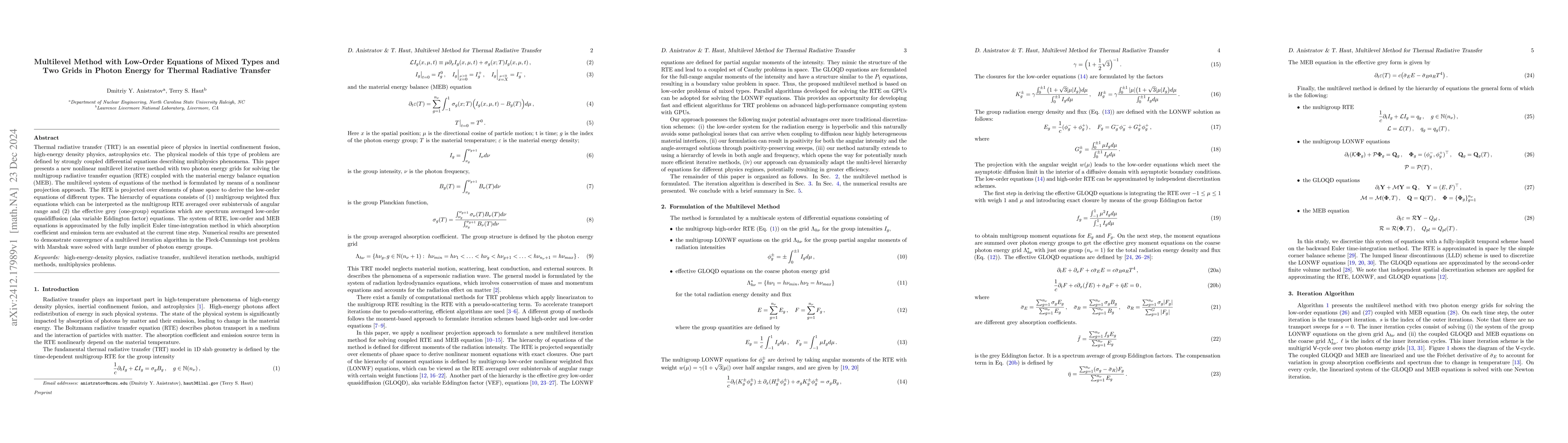 Thumbnail for Multilevel Method with Low-Order Equations of Mixed Types and Two Grids
  in Photon Energy for Thermal Radiative Transfer