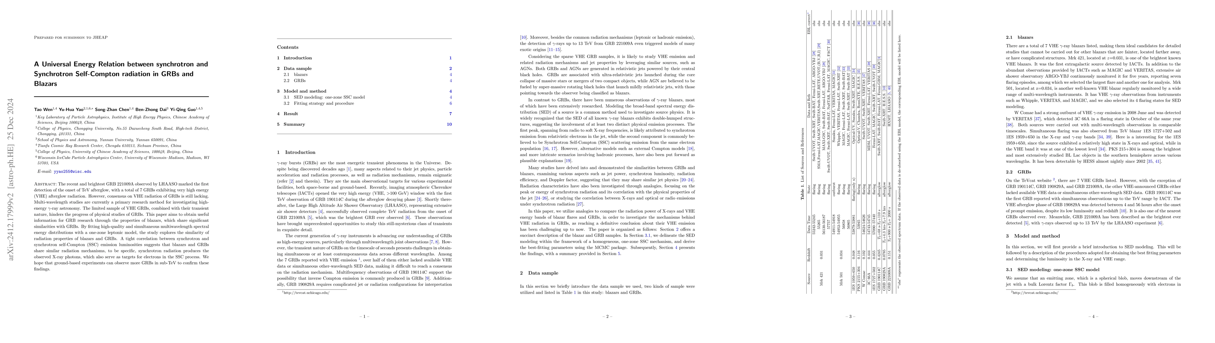 Thumbnail for A Universal Energy Relation between synchrotron and Synchrotron
  Self-Compton radiation in GRBs and Blazars