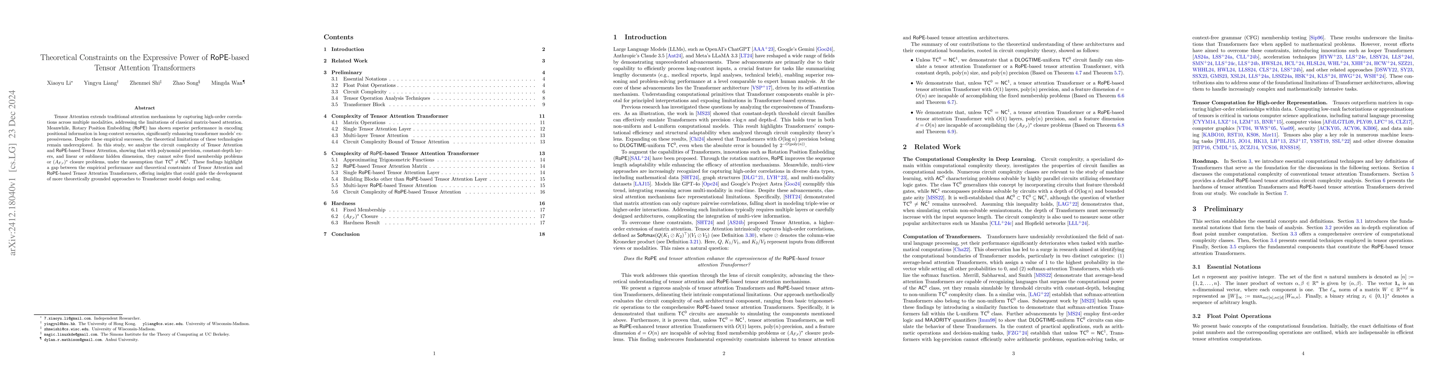 Thumbnail for Theoretical Constraints on the Expressive Power of $\mathsf{RoPE}$-based
  Tensor Attention Transformers