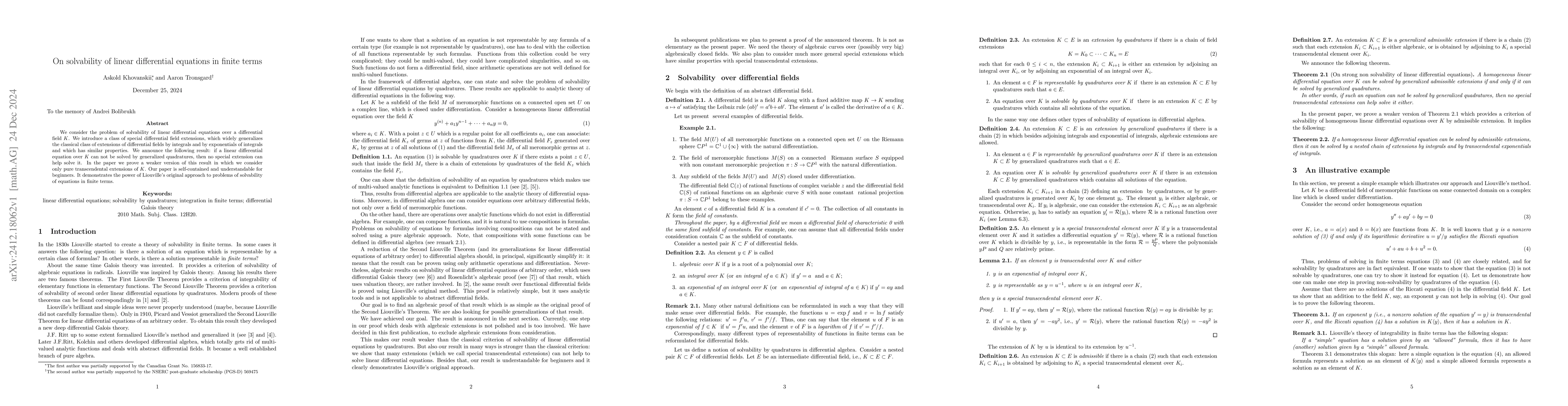 Thumbnail for On solvability of linear differential equations in finite terms
