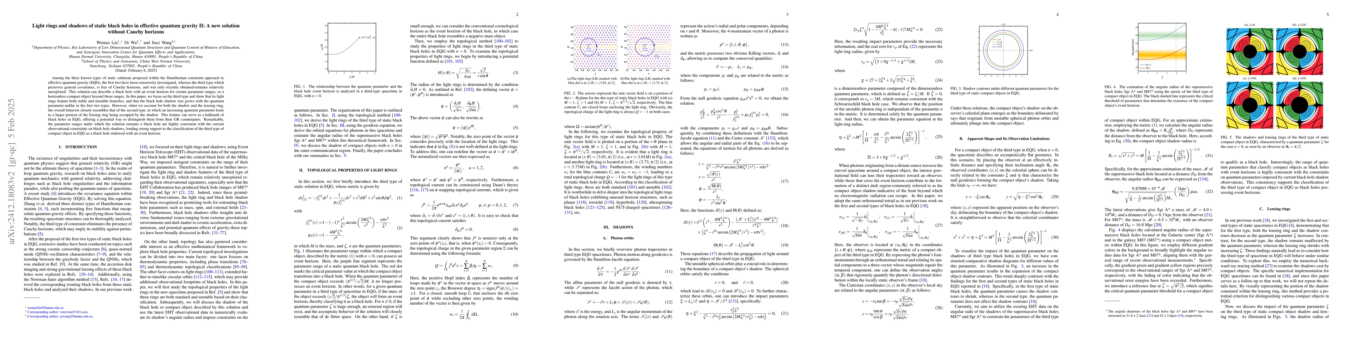 Thumbnail for Light rings and shadows of static black holes in effective quantum
  gravity II: A new solution without Cauchy horizons