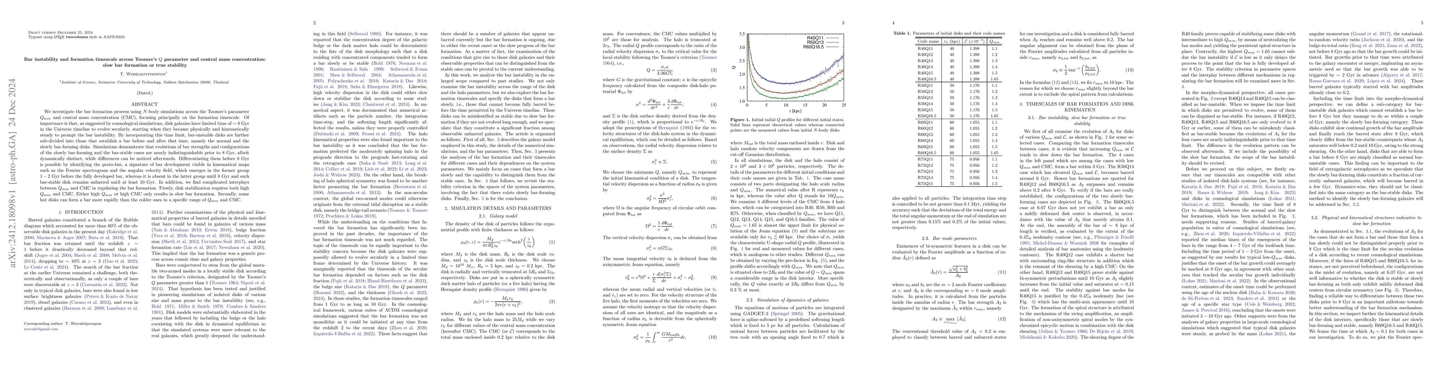 Thumbnail for Bar instability and formation timescale across Toomre's $Q$ parameter
  and central mass concentration: slow bar formation or true stability