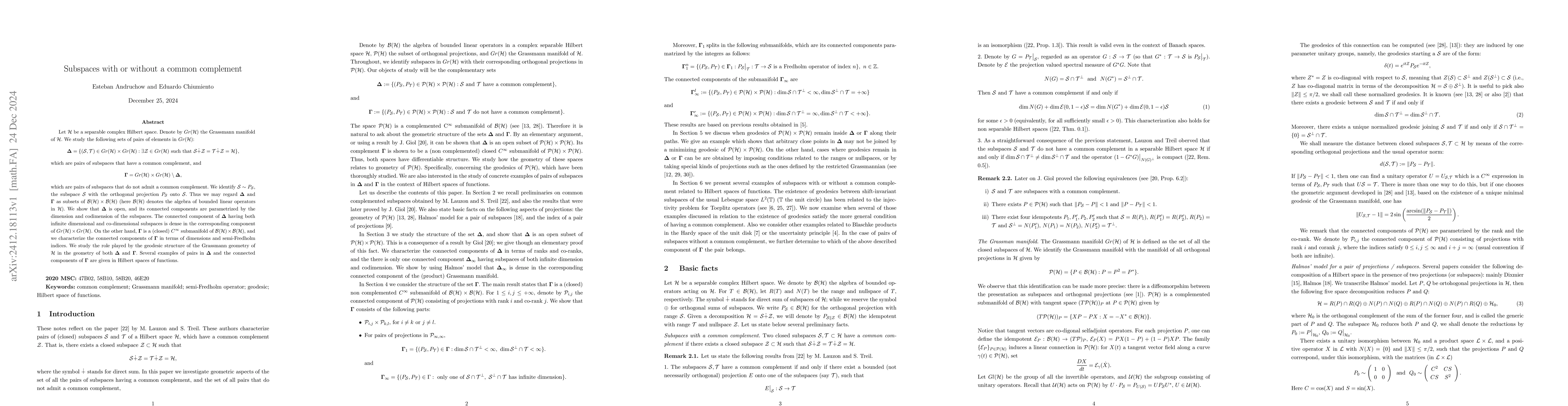 Thumbnail for Subspaces with or without a common complement
