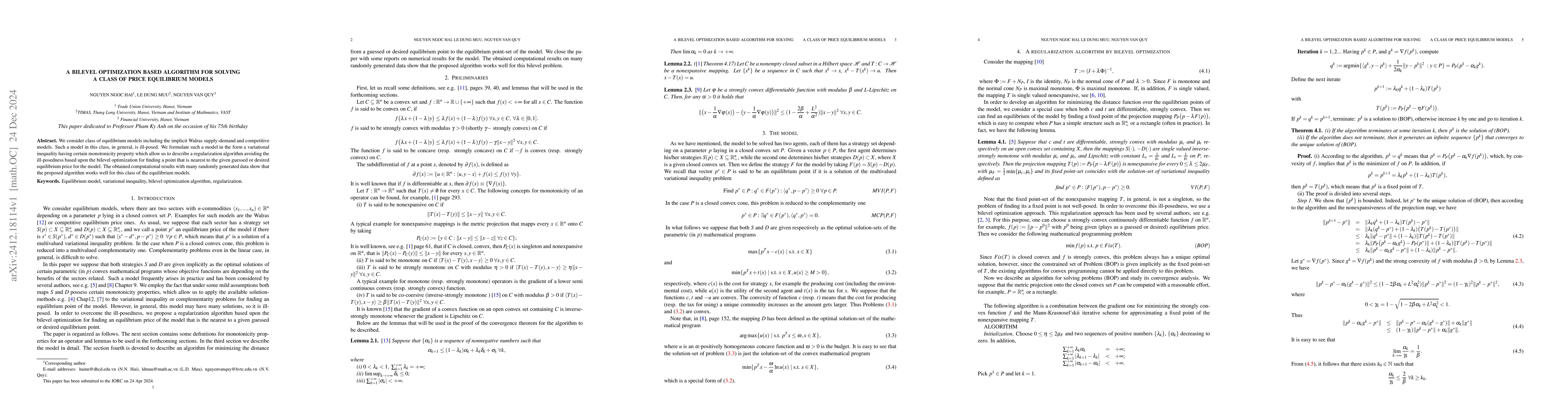 Thumbnail for A bilevel optiization based algorithm for solving a class of price
  equilibrium problems