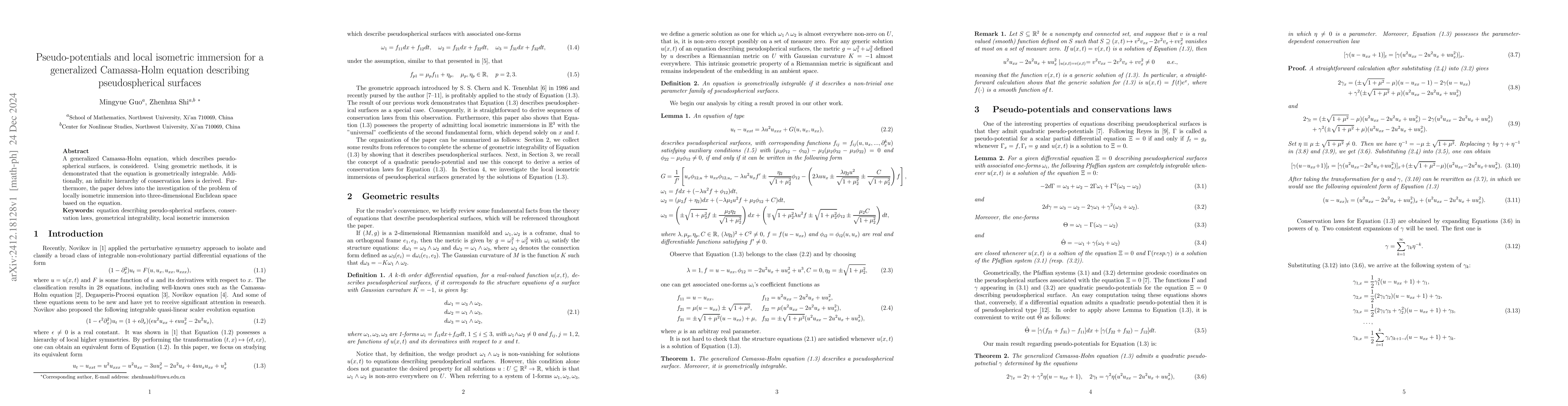 Thumbnail for Pseudo-potentials and local isometric immersion for a generalized
  Camassa-Holm equation describing pseudospherical surfaces