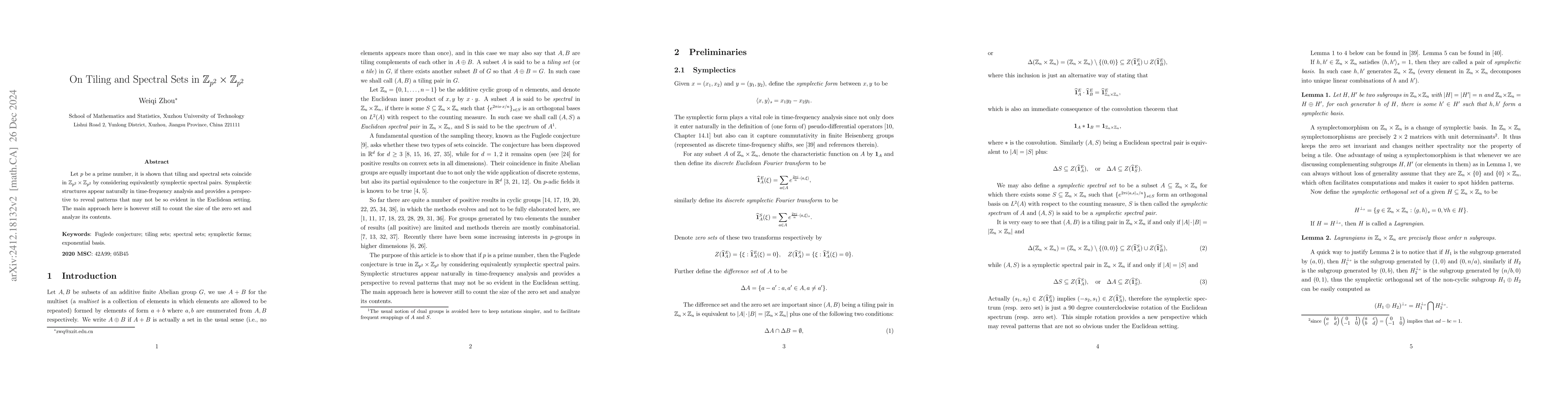 Thumbnail for On Tiling and Spectral Sets in $\mathbb Z_{p^2}\times\mathbb Z_{p^2}$