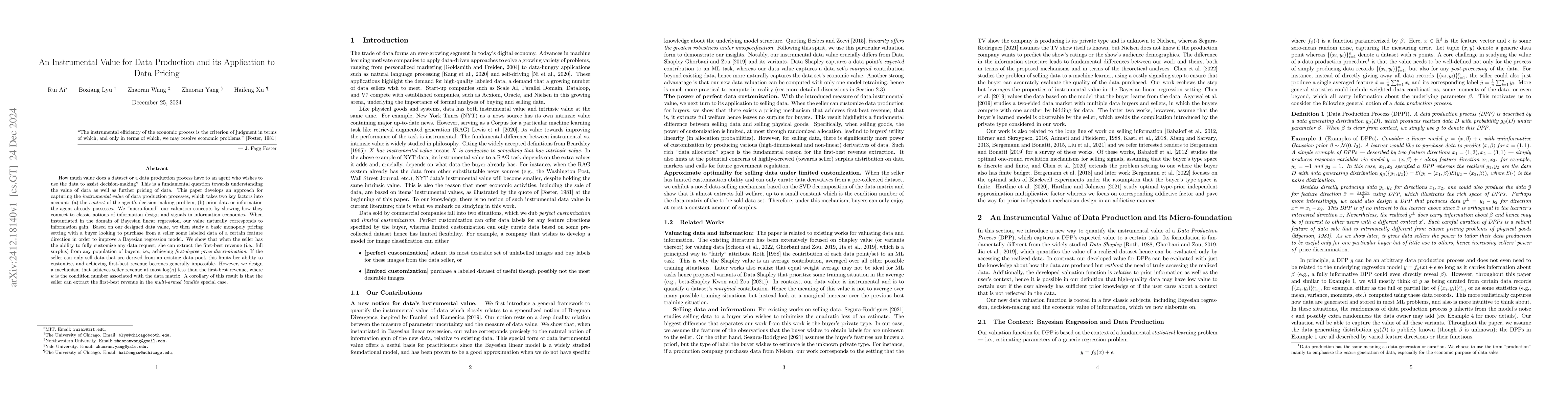 Thumbnail for An Instrumental Value for Data Production and its Application to Data
  Pricing