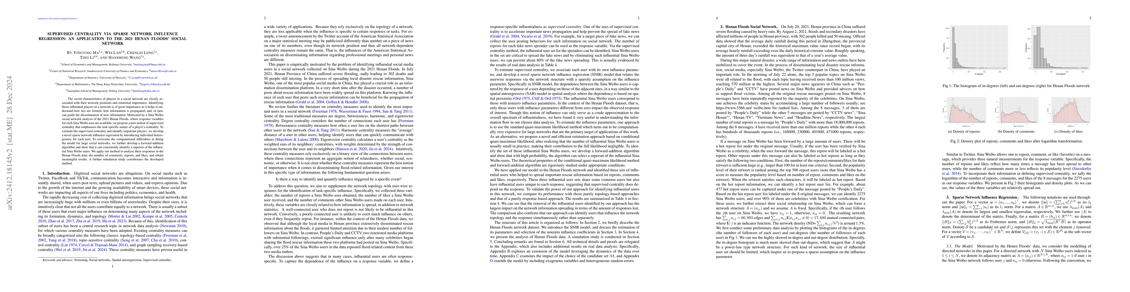Thumbnail for Supervised centrality Cvia sparse network influence regression: an
  application to the 2021 henan floods' social network