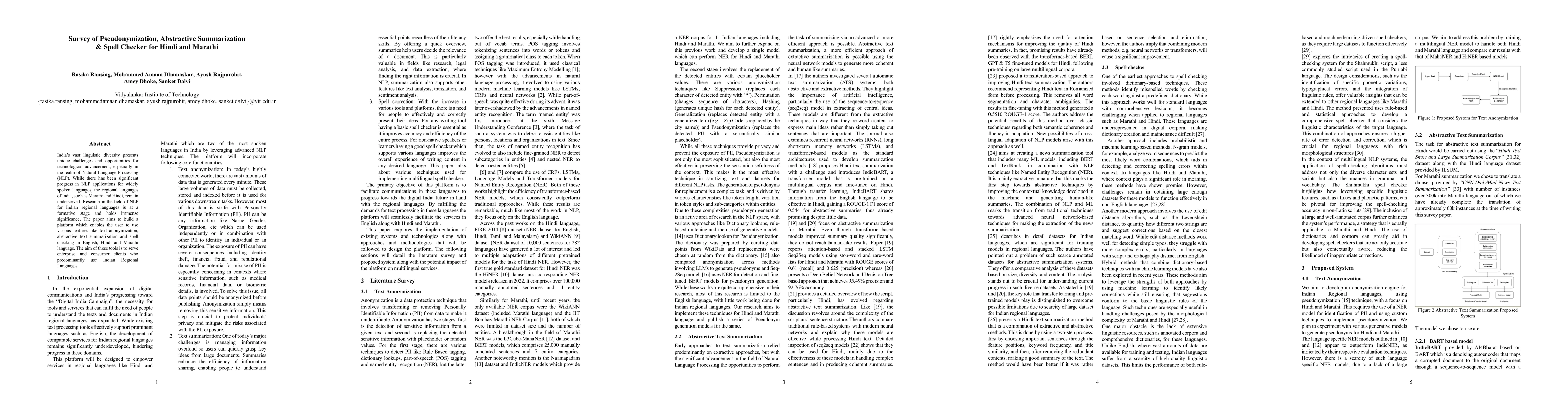 Thumbnail for Survey of Pseudonymization, Abstractive Summarization & Spell Checker
  for Hindi and Marathi