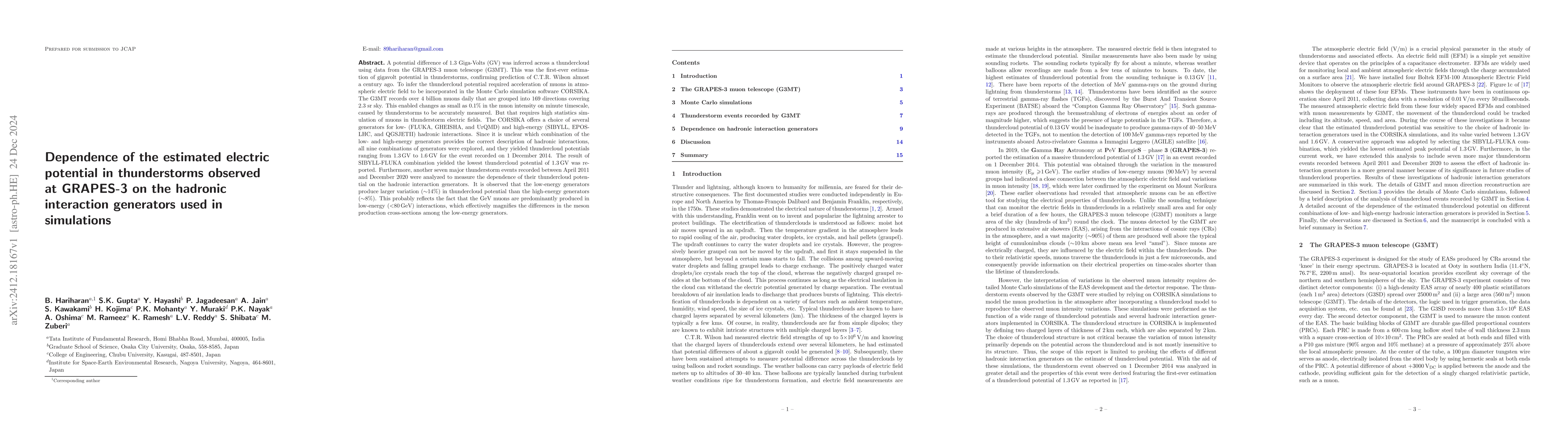 Thumbnail for Dependence of the estimated electric potential in thunderstorms observed
  at GRAPES-3 on the hadronic interaction generators used in simulations