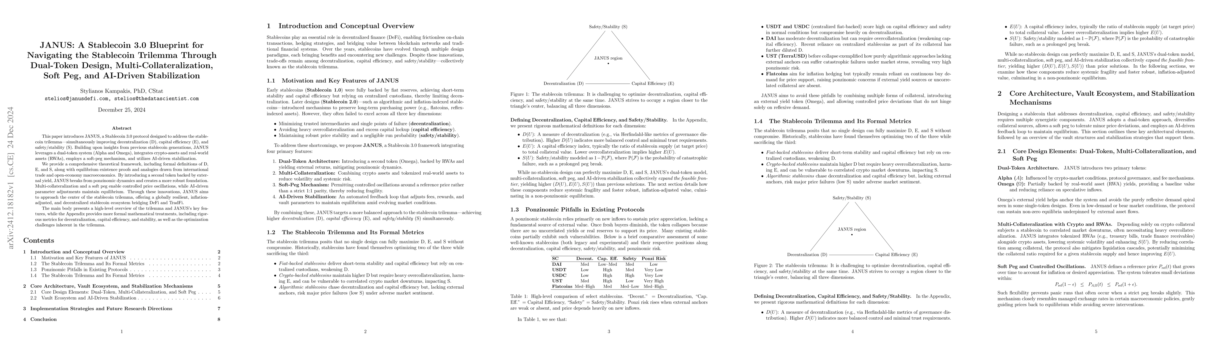 Thumbnail for JANUS: A Stablecoin 3.0 Blueprint for Navigating the Stablecoin Trilemma
  Through Dual-Token Design, Multi-Collateralization, Soft Peg, and AI-Driven
  Stabilization