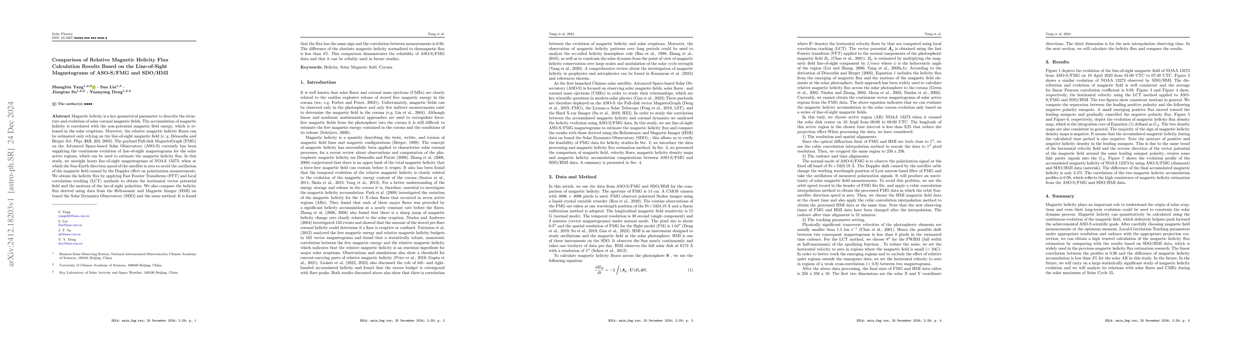 Thumbnail for Comparison of Relative Magnetic Helicity Flux Calculation Results Based
  on the Line-of-Sight Magnetograms of ASO-S/FMG and SDO/HMI