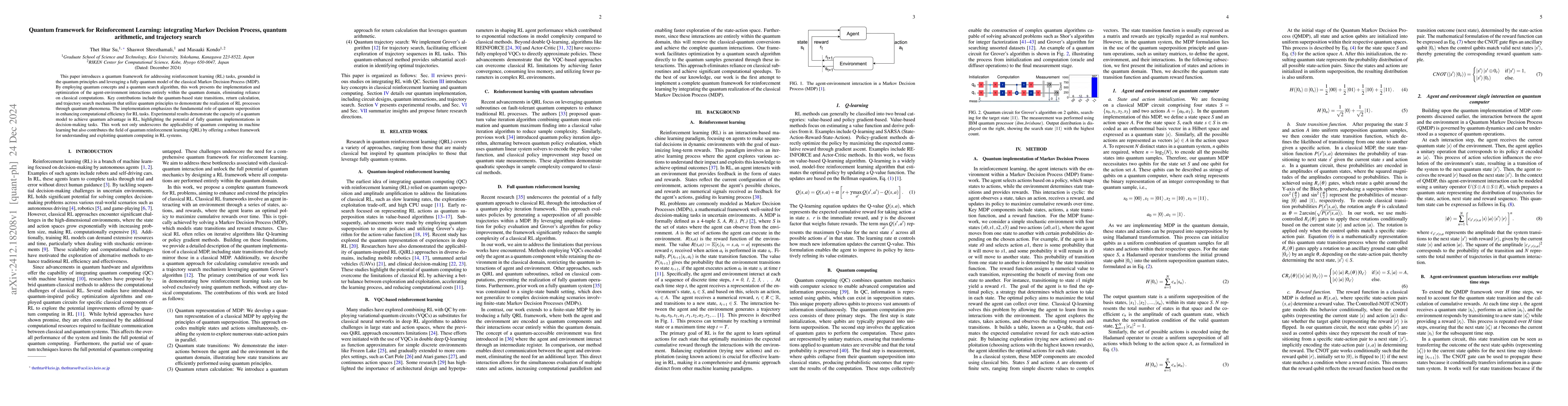 Thumbnail for Quantum framework for Reinforcement Learning: integrating Markov
  Decision Process, quantum arithmetic, and trajectory search