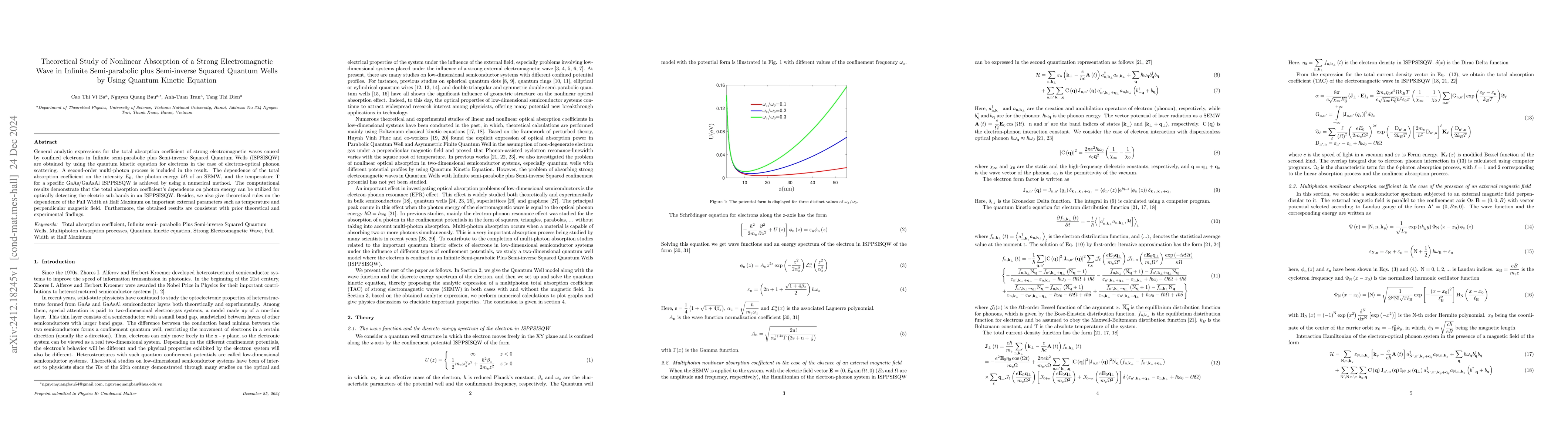 Thumbnail for Theoretical Study of Nonlinear Absorption of a Strong Electromagnetic
  Wave in Infinite Semi-parabolic plus Semi-inverse Squared Quantum Wells by
  Using Quantum Kinetic Equation