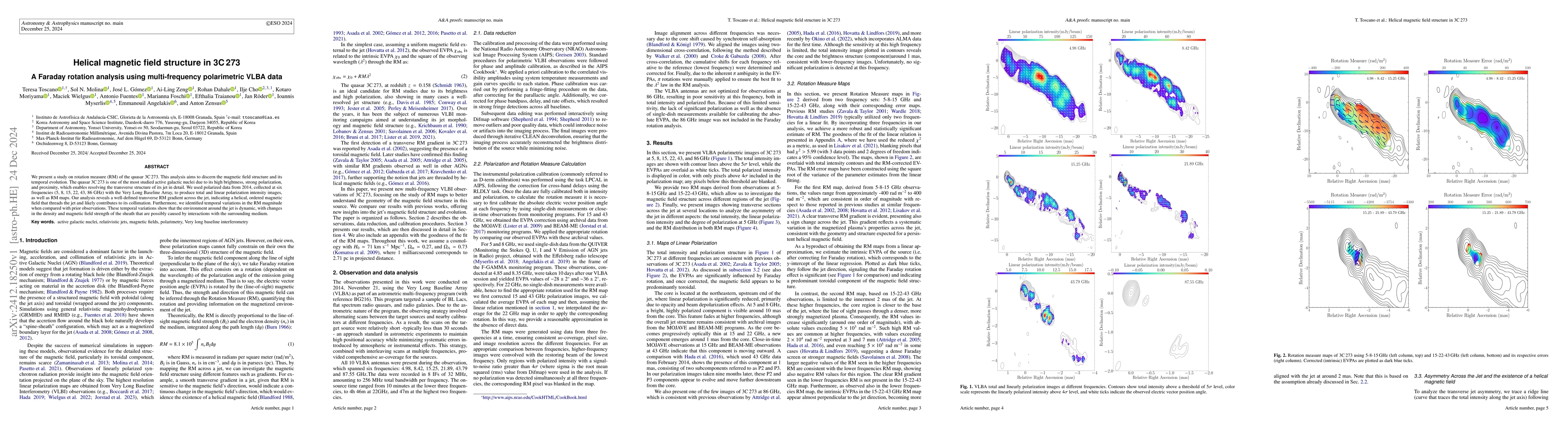 Thumbnail for Helical magnetic field structure in 3C 273. A Faraday rotation analysis
  using multi-frequency polarimetric VLBA data