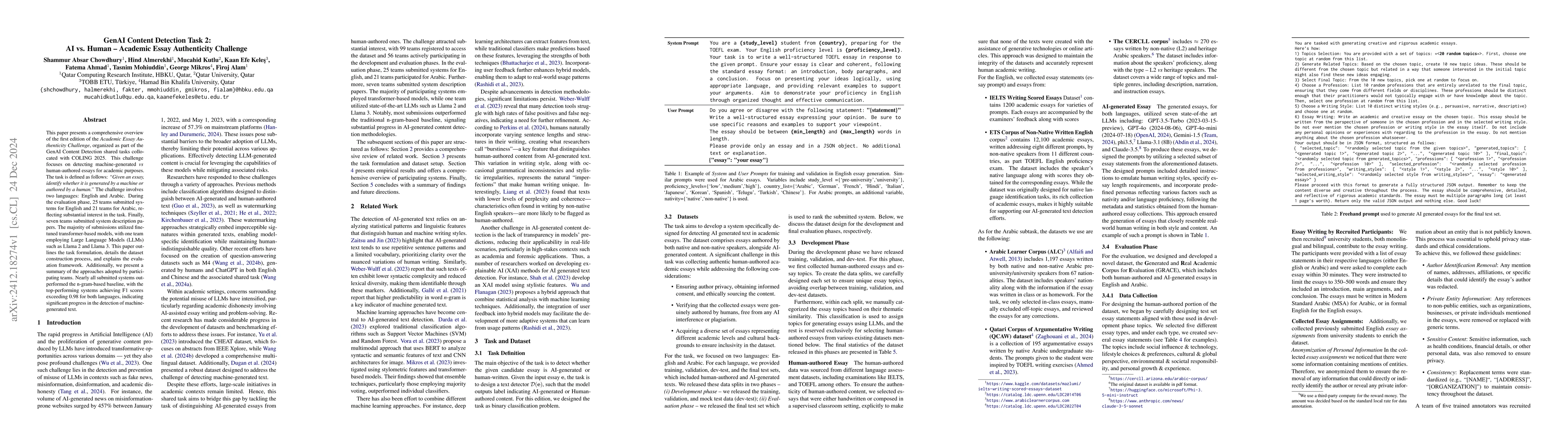 Thumbnail for GenAI Content Detection Task 2: AI vs. Human -- Academic Essay
  Authenticity Challenge