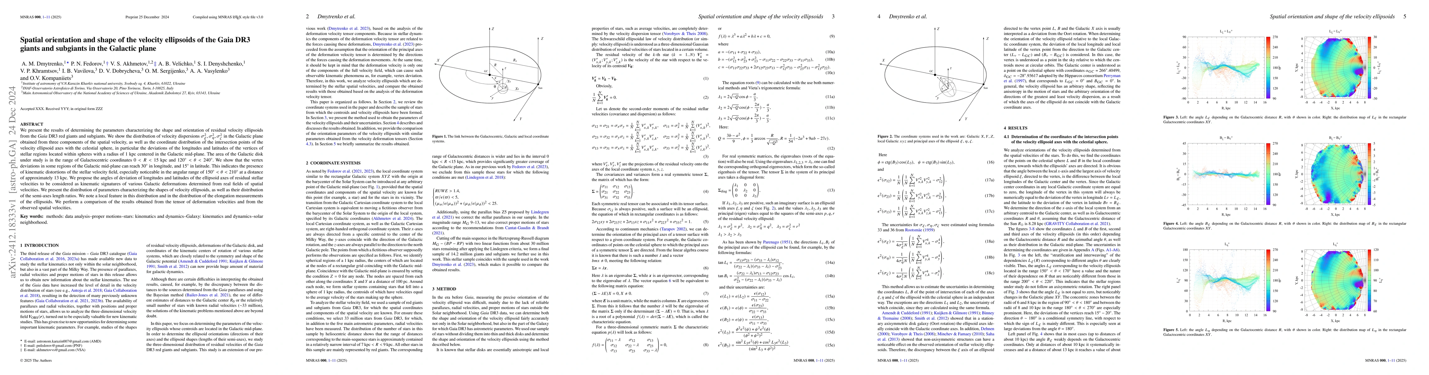 Thumbnail for Spatial orientation and shape of the velocity ellipsoids of the Gaia DR3
  giants and subgiants in the Galactic plane