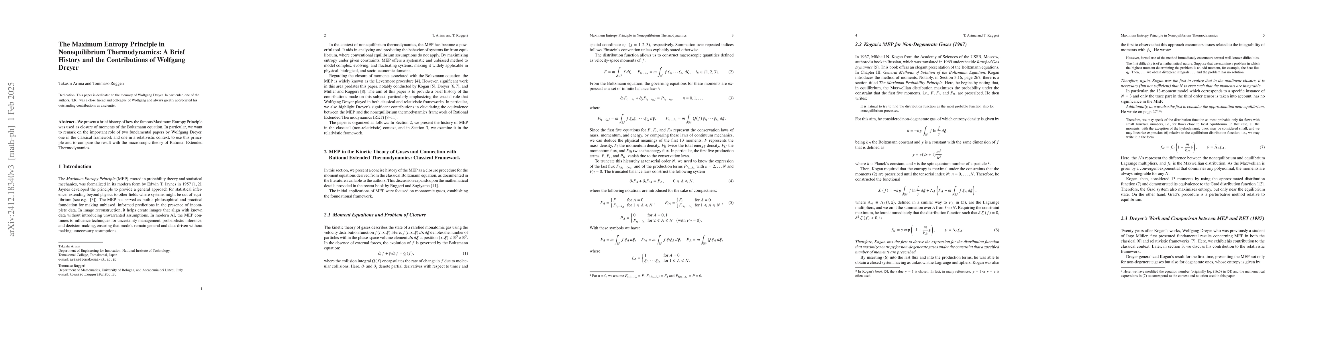 Thumbnail for The Maximum Entropy Principle in Nonequilibrium Thermodynamics: A Brief
  History and the Contributions of Wolfgang Dreyer