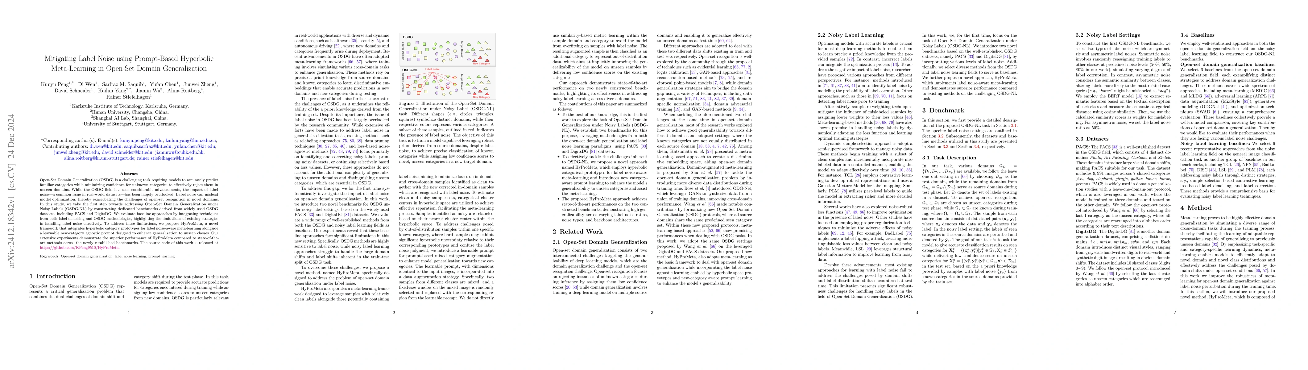 Thumbnail for Mitigating Label Noise using Prompt-Based Hyperbolic Meta-Learning in
  Open-Set Domain Generalization