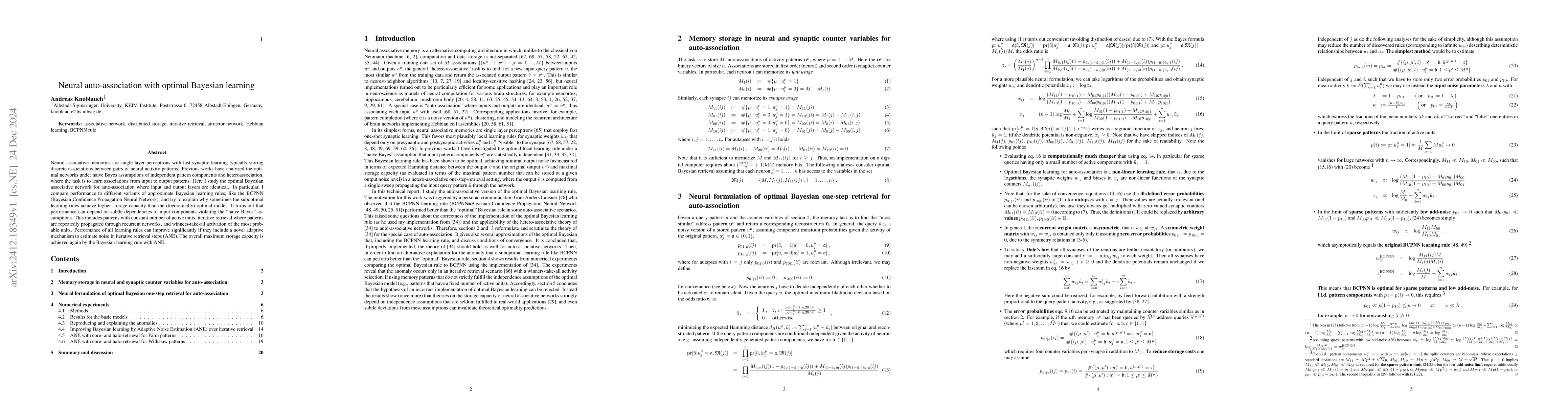 Thumbnail for Neural auto-association with optimal Bayesian learning