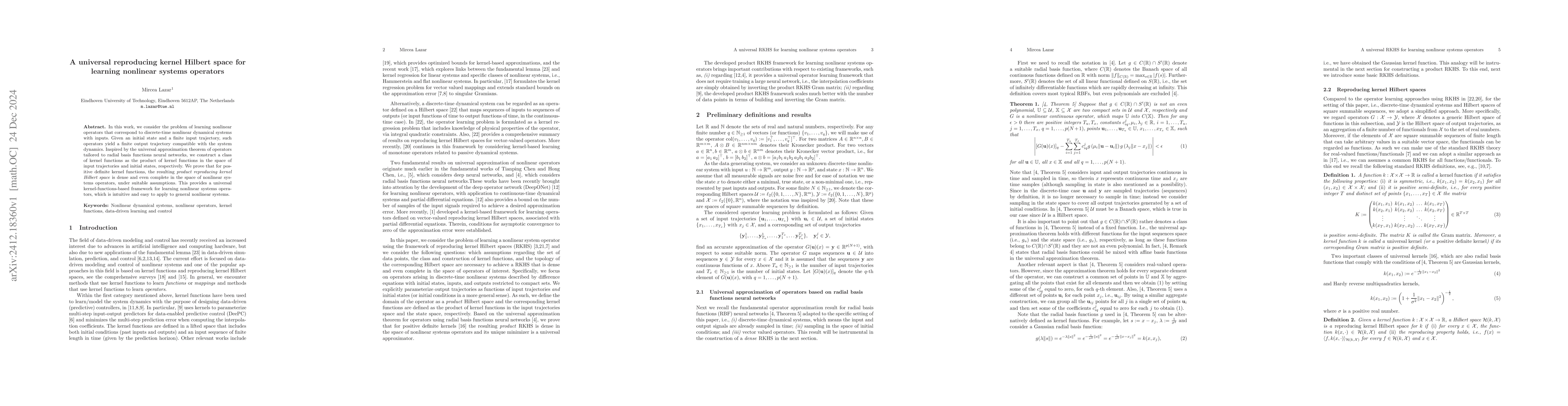 Thumbnail for A universal reproducing kernel Hilbert space for learning nonlinear
  systems operators