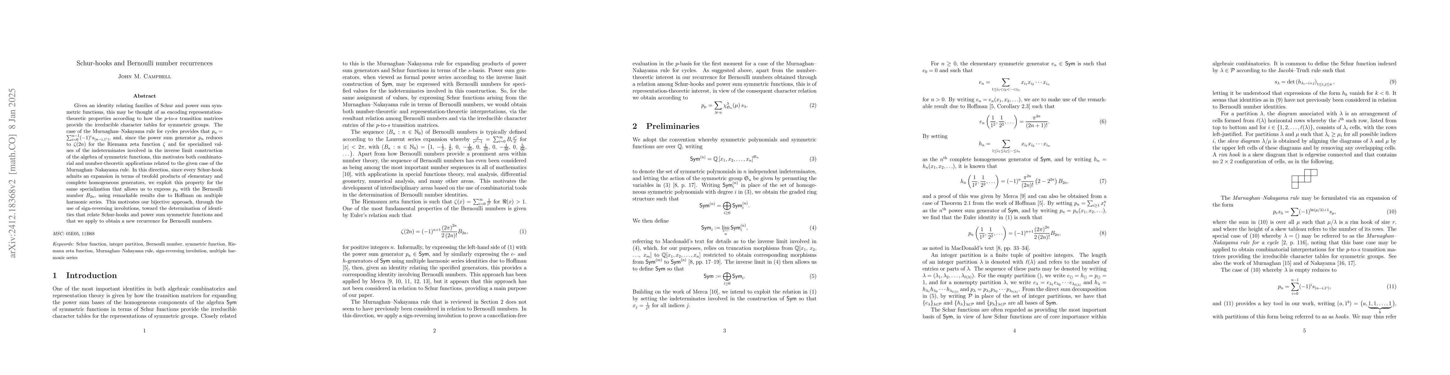 Thumbnail for Schur-hooks and Bernoulli number recurrences