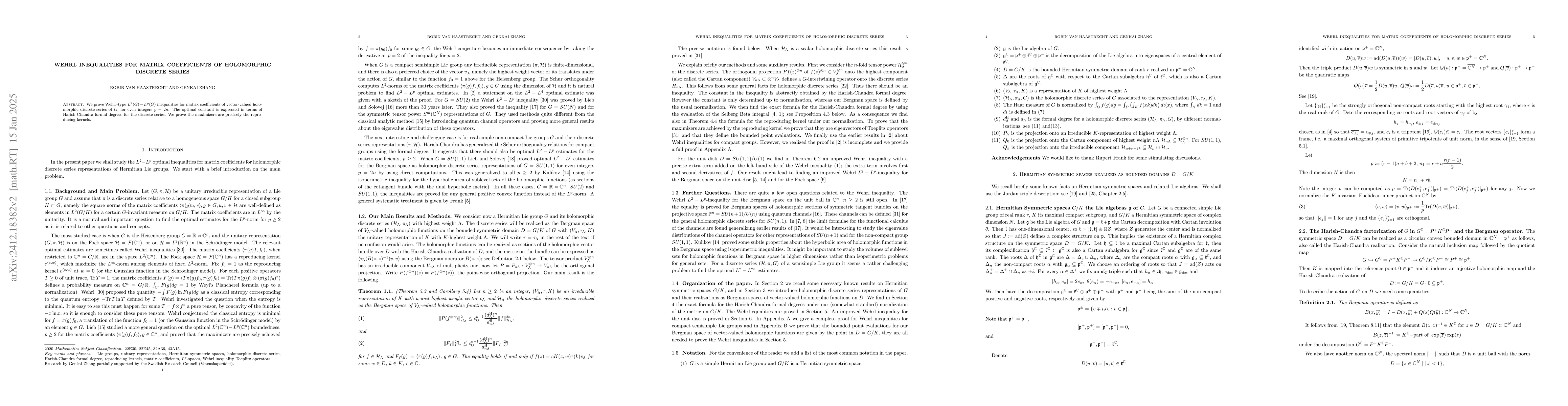 Thumbnail for Wehrl inequalities for matrix coefficients of holomorphic discrete
  series