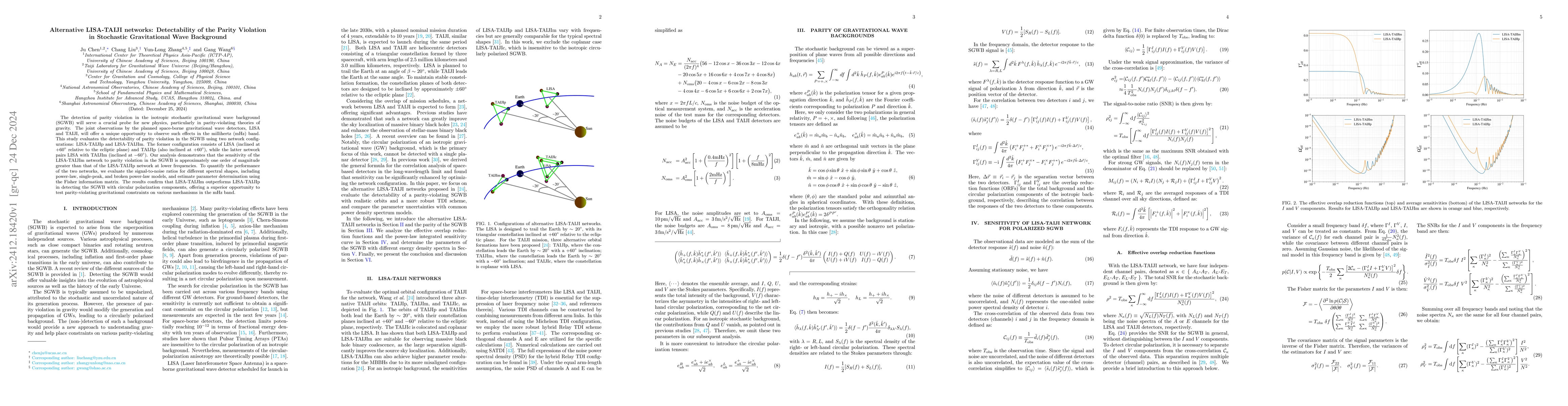 Thumbnail for Alternative LISA-TAIJI networks: Detectability of the Parity Violation
  in Stochastic Gravitational Wave Background