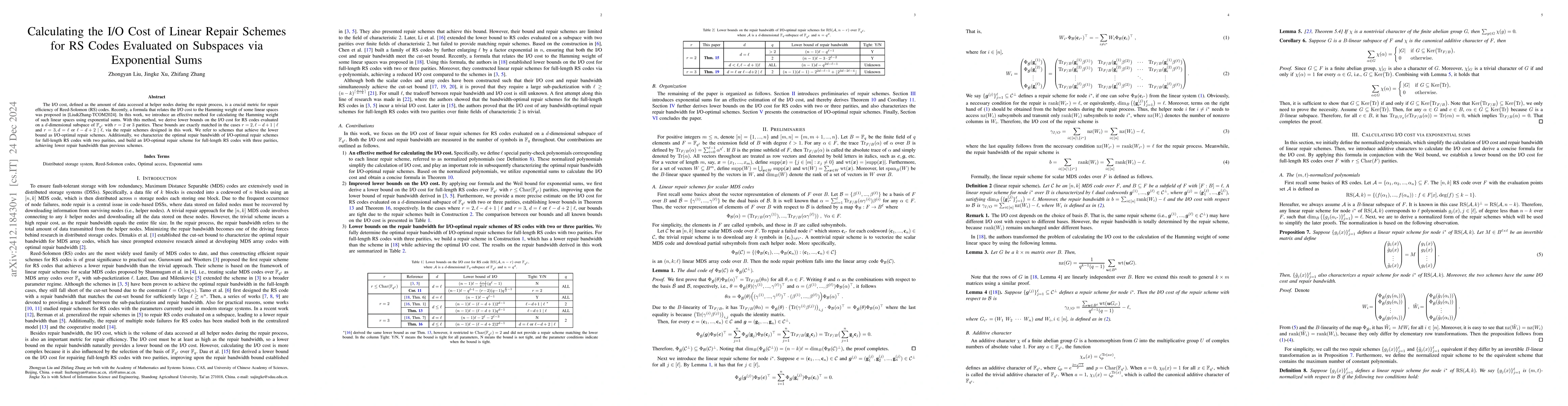 Thumbnail for Calculating the I/O Cost of Linear Repair Schemes for RS Codes Evaluated
  on Subspaces via Exponential Sums