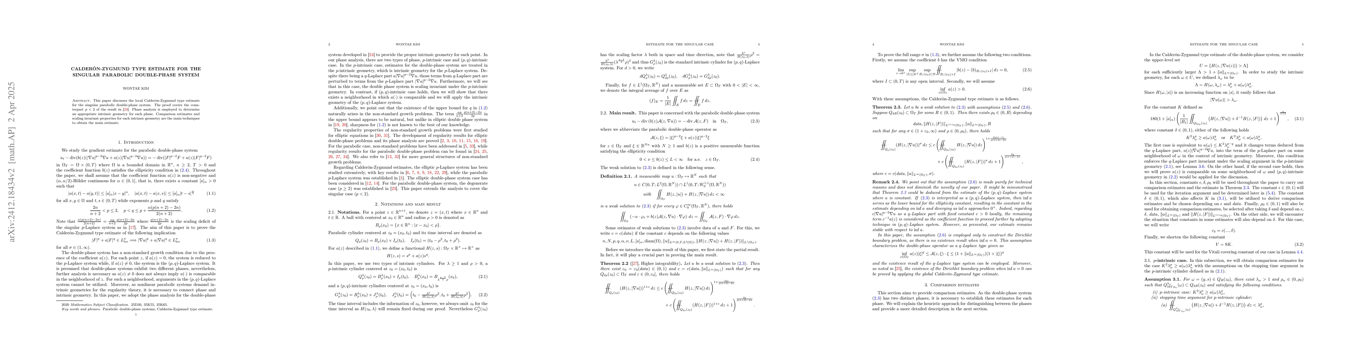 Thumbnail for Calderón-Zygmund type estimate for the singular parabolic double-phase
  system
