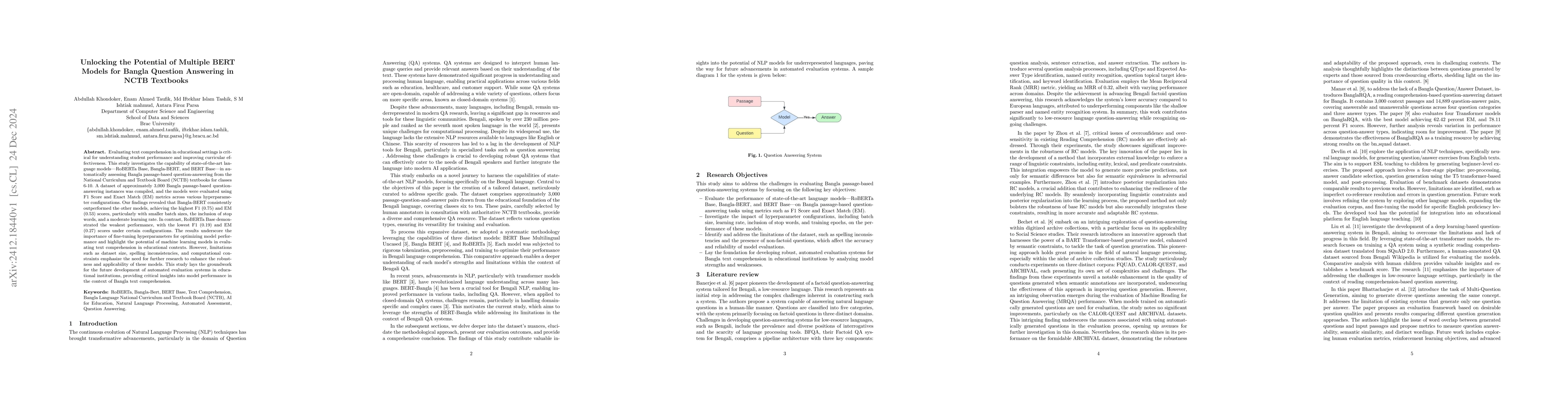 Thumbnail for Unlocking the Potential of Multiple BERT Models for Bangla Question
  Answering in NCTB Textbooks