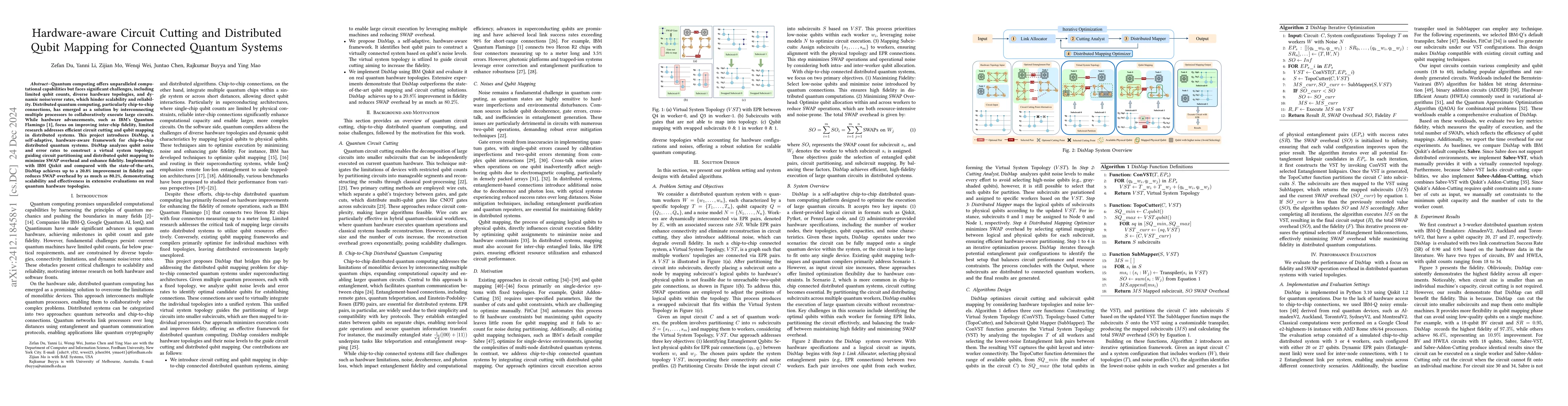 Thumbnail for Hardware-aware Circuit Cutting and Distributed Qubit Mapping for
  Connected Quantum Systems