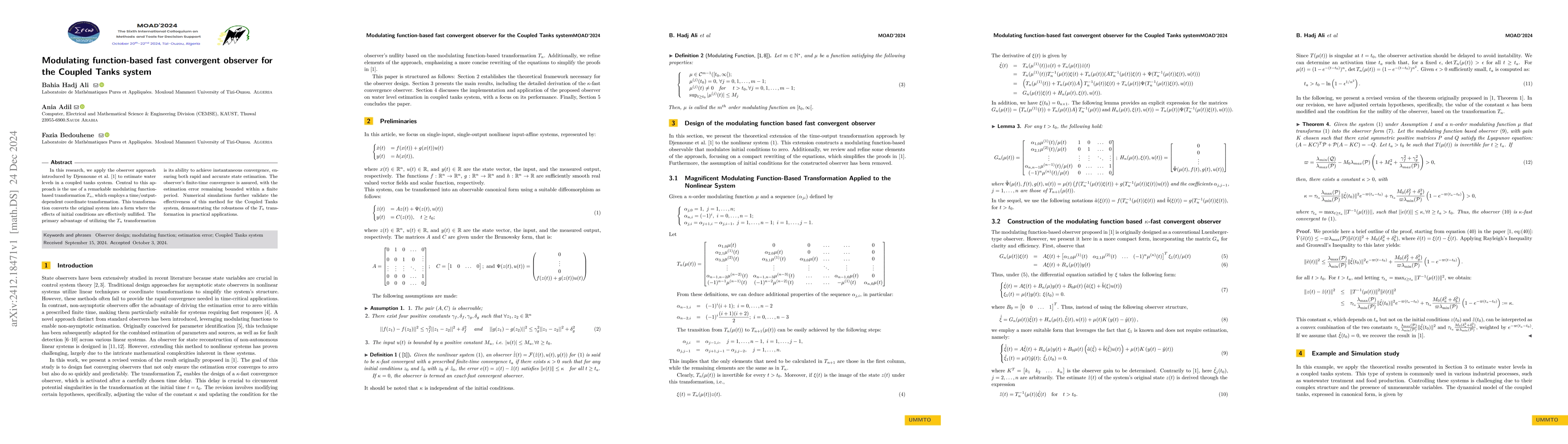 Thumbnail for Modulating function-based fast convergent observer for the Coupled Tanks
  system