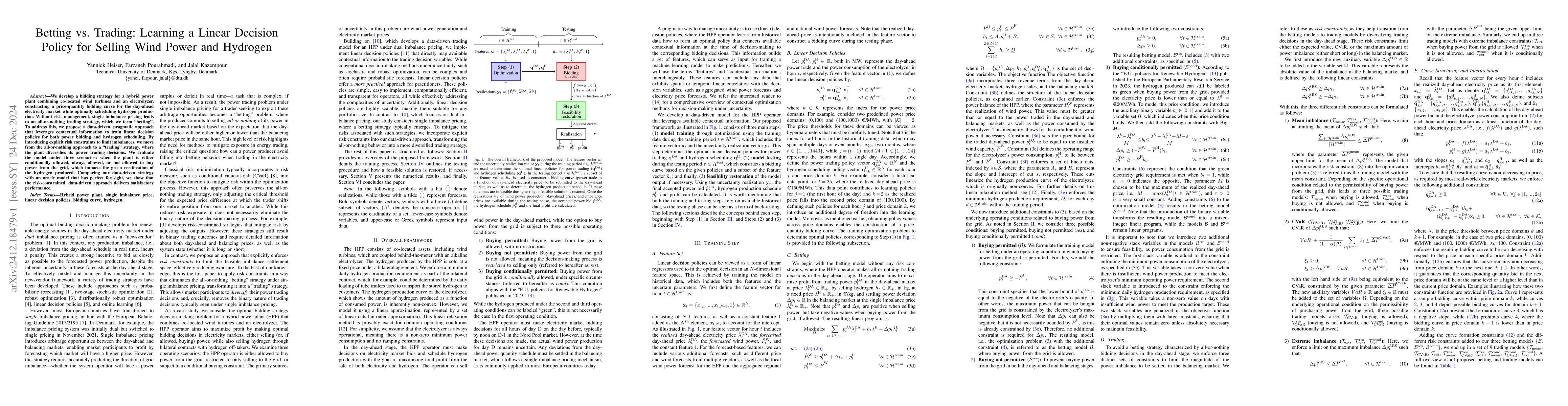 Thumbnail for Betting vs. Trading: Learning a Linear Decision Policy for Selling Wind
  Power and Hydrogen
