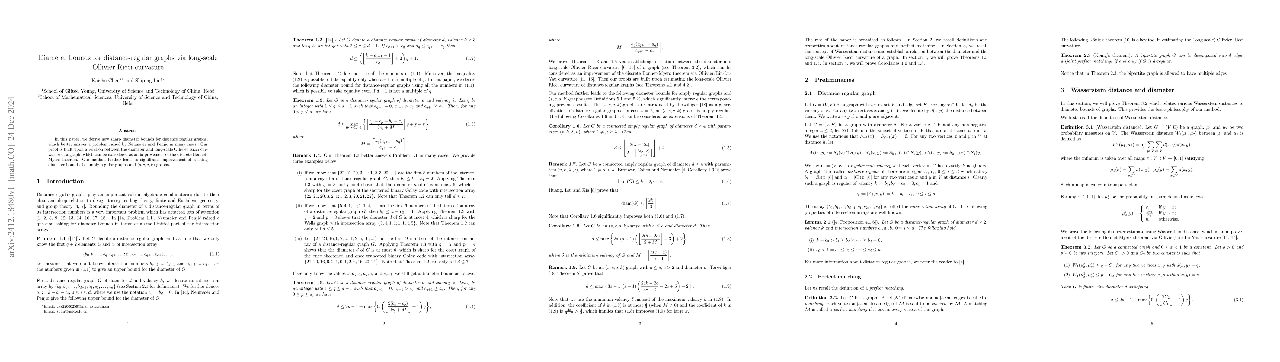 Thumbnail for Diameter bounds for distance-regular graphs via long-scale Ollivier
  Ricci curvature