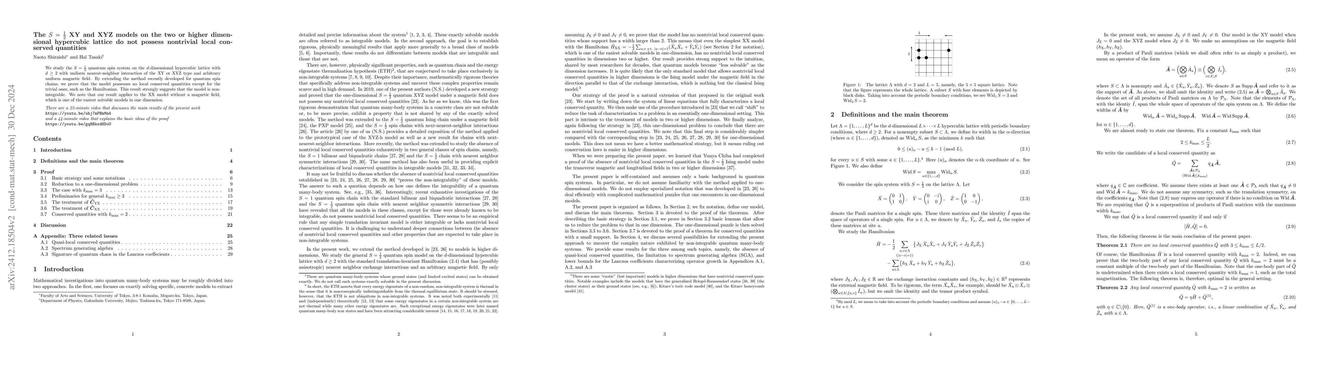 Thumbnail for The $S=\frac{1}{2}$ XY and XYZ models on the two or higher dimensional
  hypercubic lattice do not possess nontrivial local conserved quantities