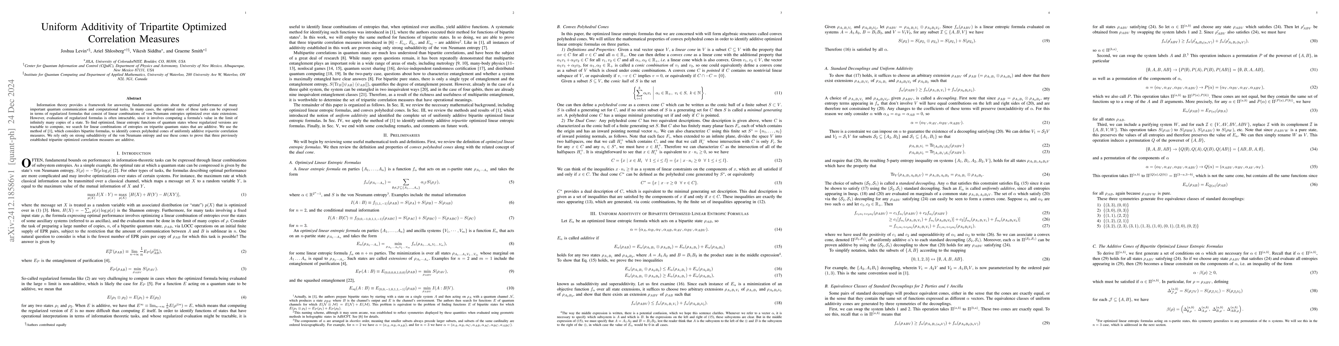 Thumbnail for Uniform Additivity of Tripartite Optimized Correlation Measures