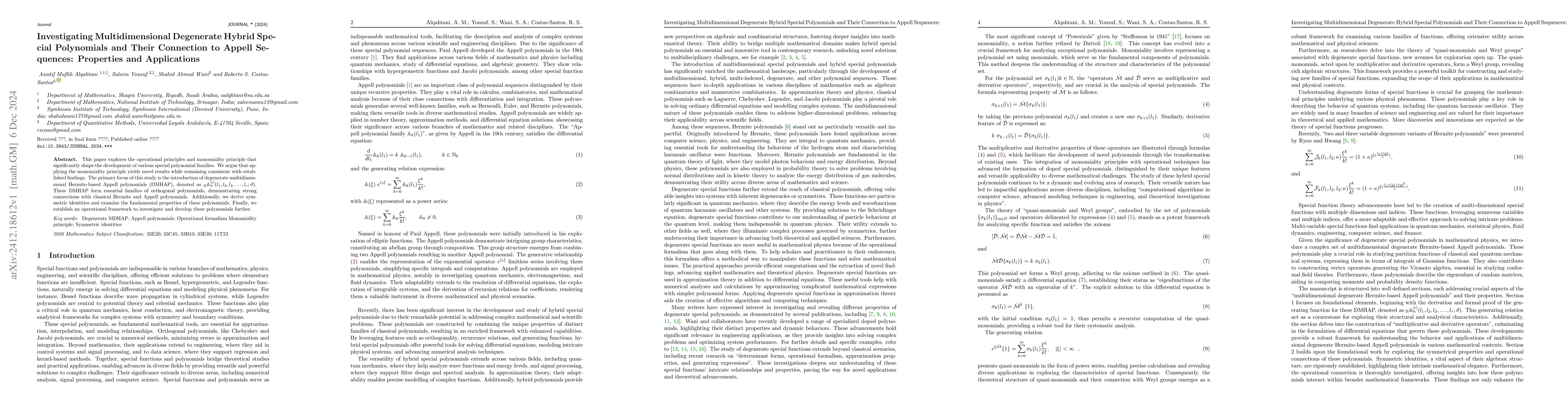 Thumbnail for Investigating Multidimensional Degenerate Hybrid Special Polynomials and
  Their Connection to Appell Sequences: Properties and Applications