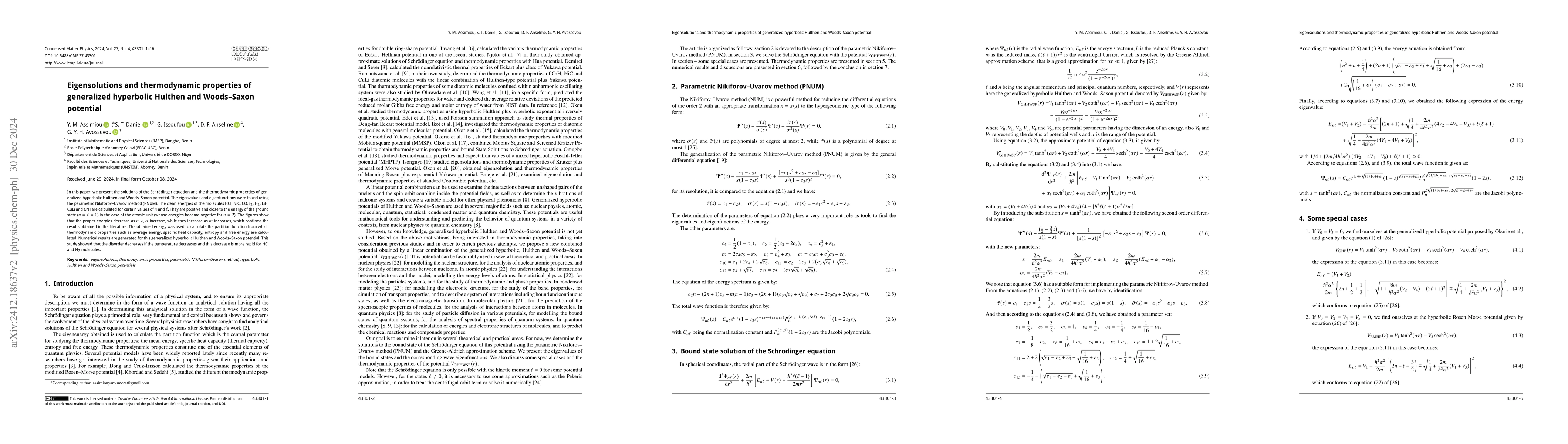 Thumbnail for Eigensolutions and thermodynamic properties of generalized hyperbolic
  Hulthen and Woods-Saxon potential