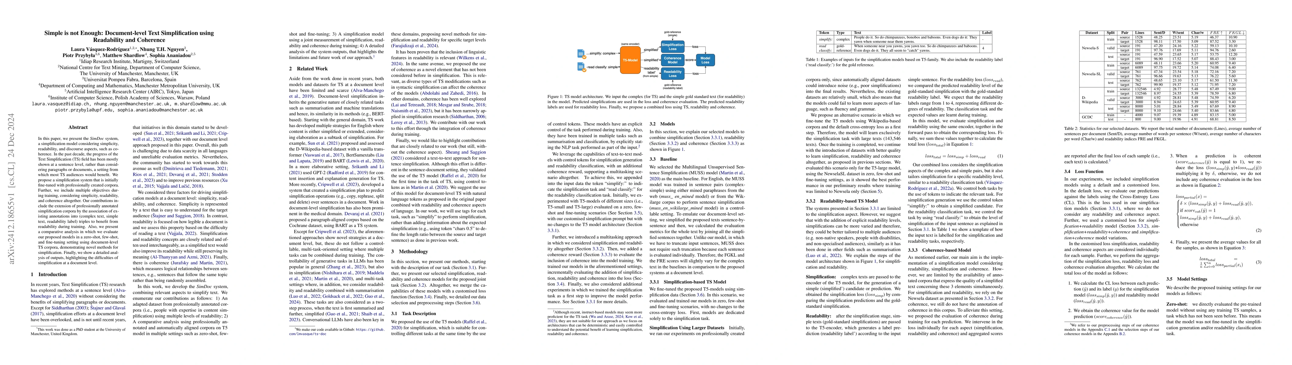 Thumbnail for Simple is not Enough: Document-level Text Simplification using
  Readability and Coherence