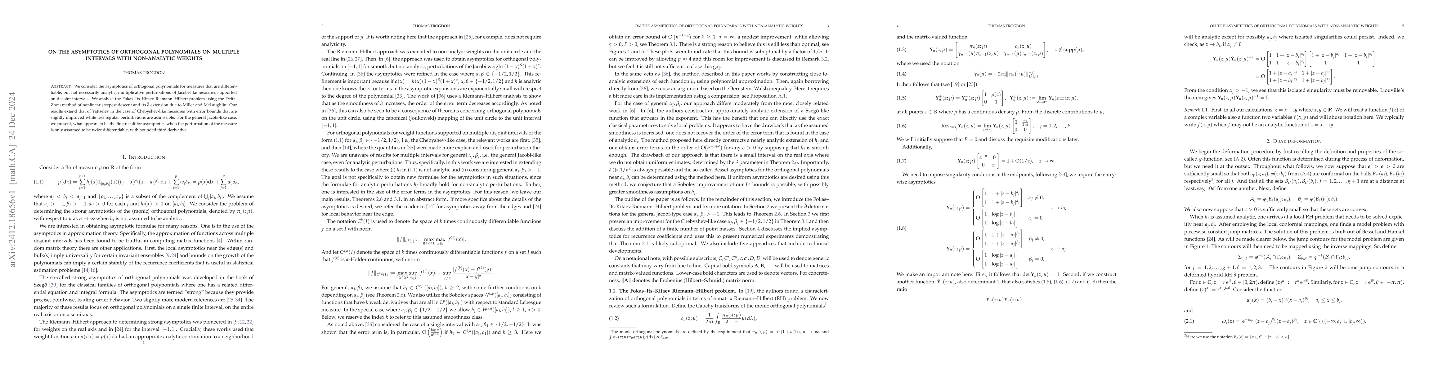 Thumbnail for On the asymptotics of orthogonal polynomials on multiple intervals with
  non-analytic weights