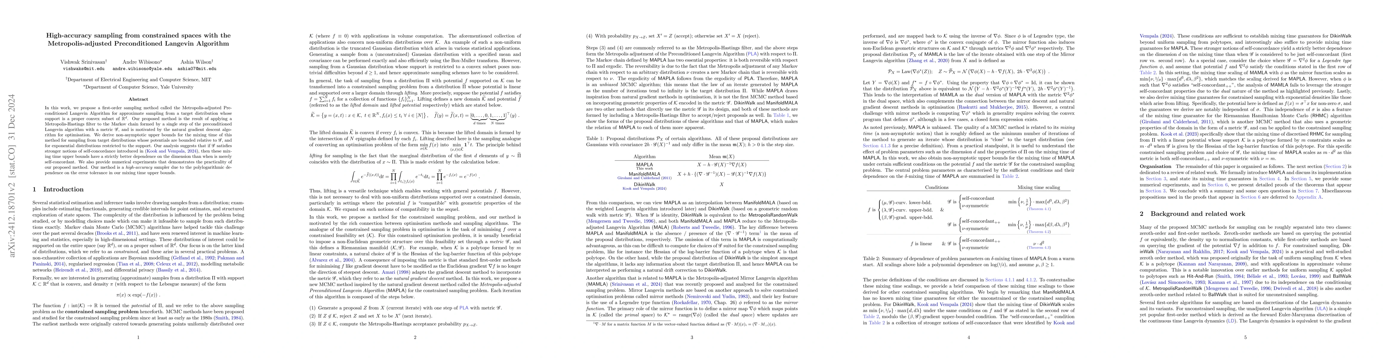 Thumbnail for High-accuracy sampling from constrained spaces with the
  Metropolis-adjusted Preconditioned Langevin Algorithm
