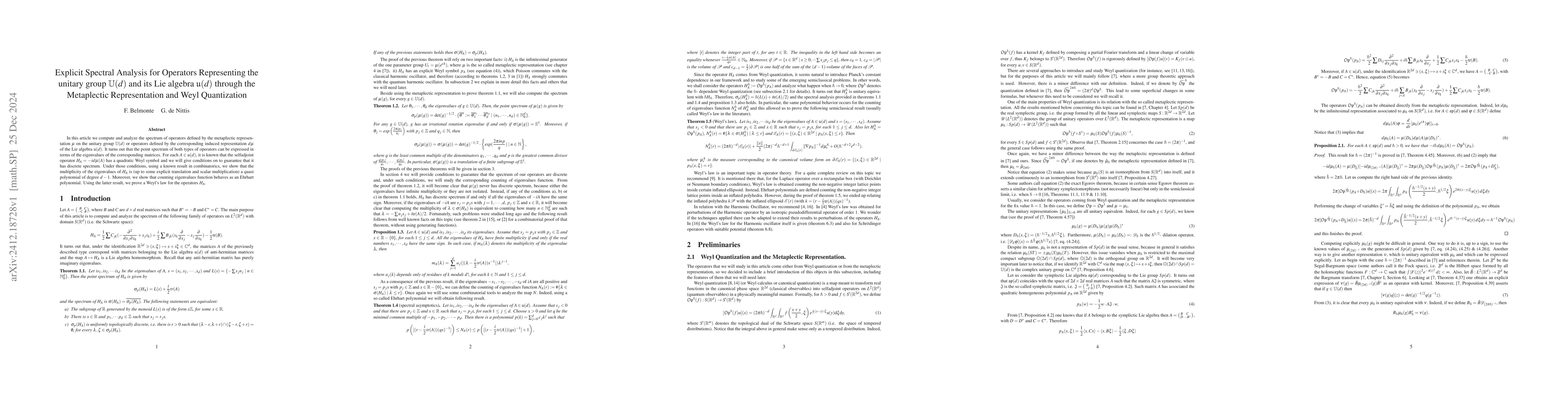 Thumbnail for Explicit Spectral Analysis for Operators Representing the unitary group
  $\mathbb{U}(d)$ and its Lie algebra $\mathfrak{u}(d)$ through the Metaplectic
  Representation and Weyl Quantization