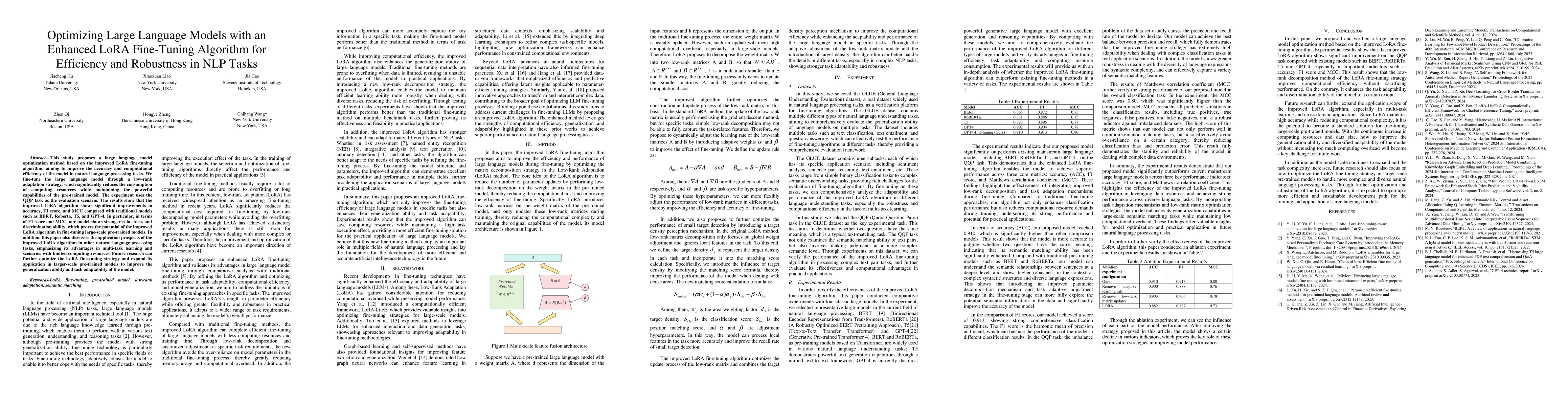 Thumbnail for Optimizing Large Language Models with an Enhanced LoRA Fine-Tuning
  Algorithm for Efficiency and Robustness in NLP Tasks