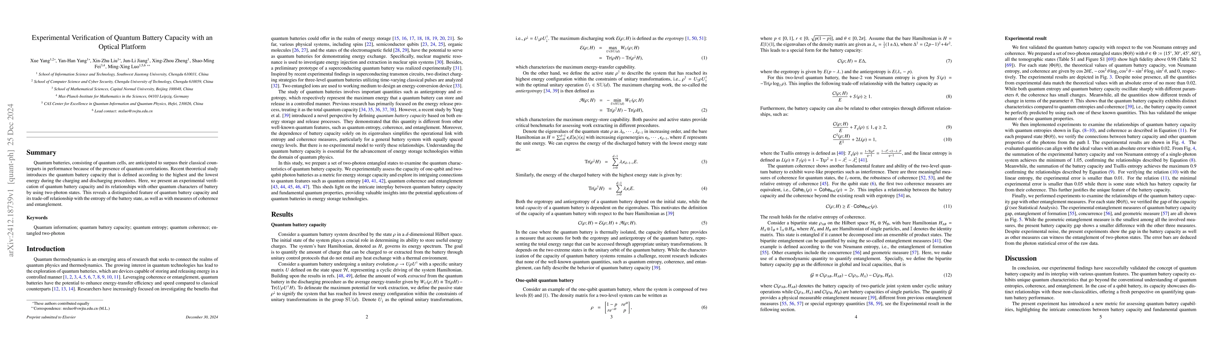 Thumbnail for Experimental verification of quantum battery capacity with an optical
  platform