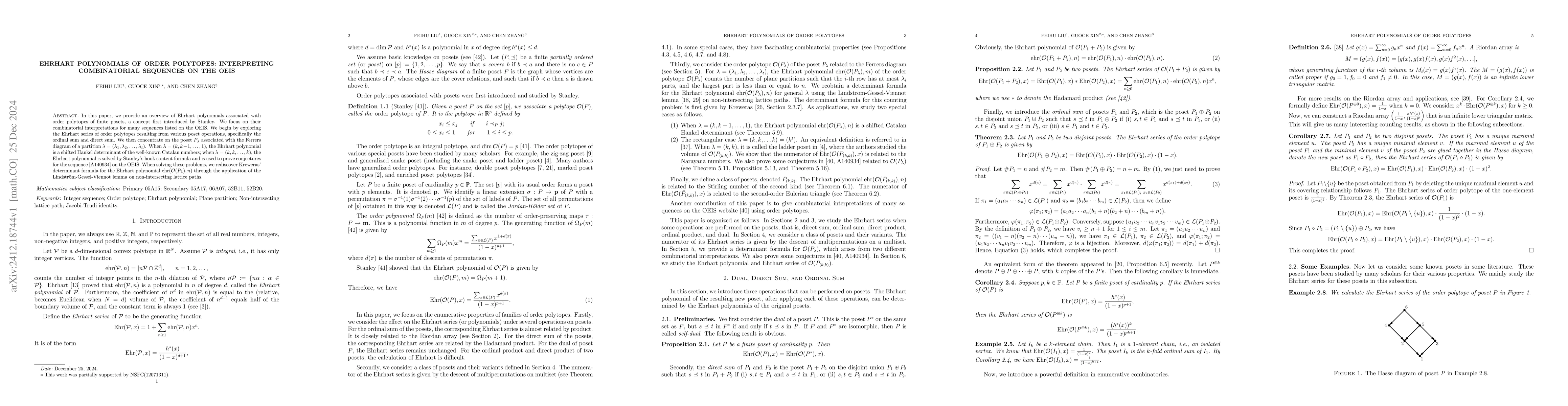 Thumbnail for Ehrhart Polynomials of Order Polytopes: Interpreting Combinatorial
  Sequences on the OEIS