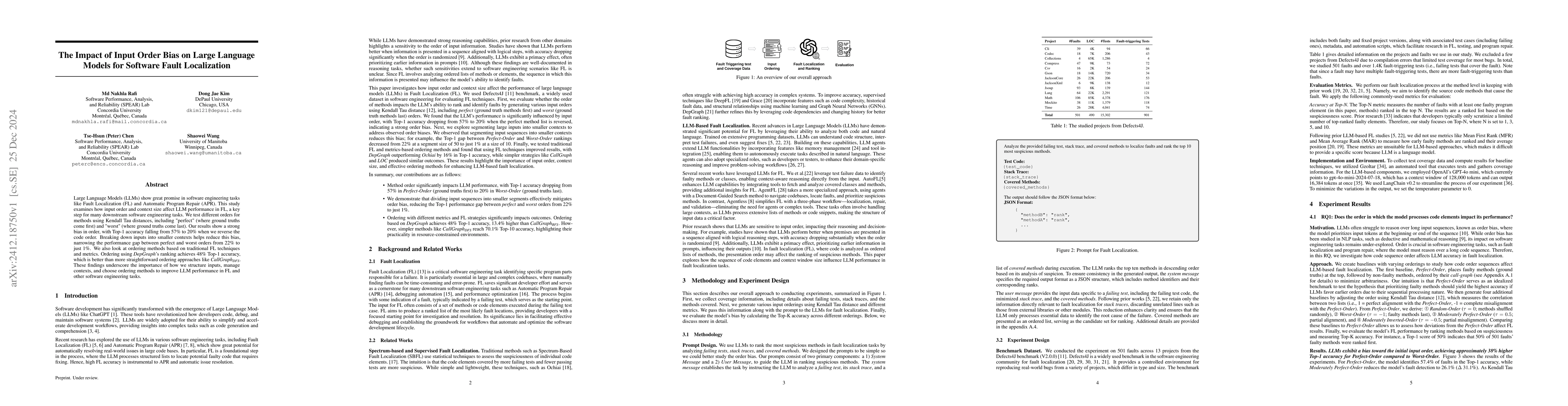 Thumbnail for The Impact of Input Order Bias on Large Language Models for Software
  Fault Localization
