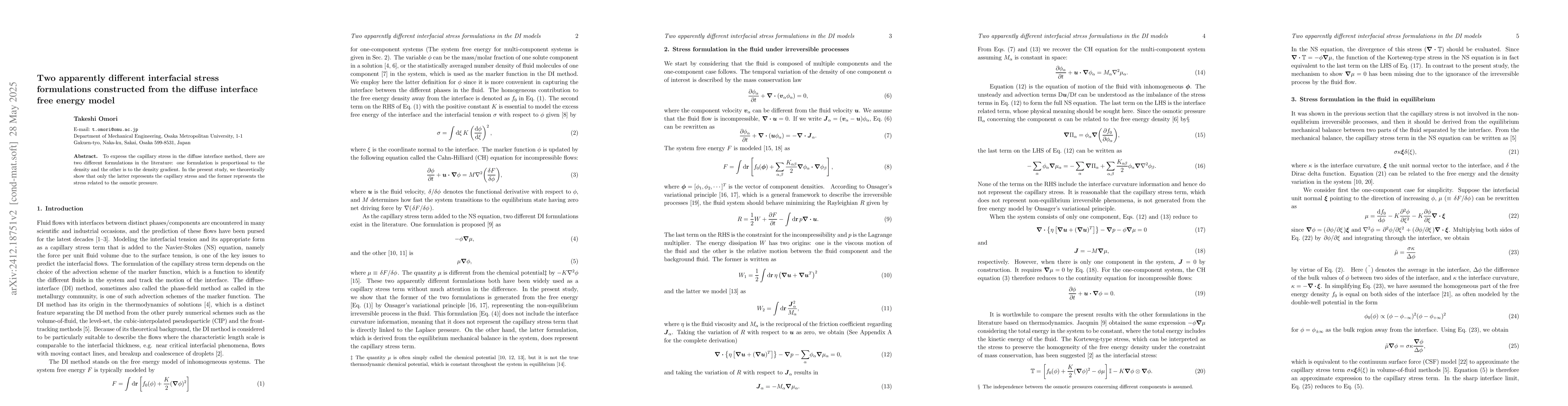 Thumbnail for Two interfacial stress formulations constructed from the diffuse
  interface free energy model